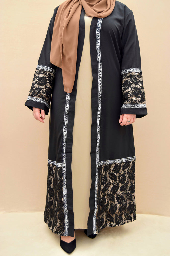 Black Lace Bordered Open Abaya - A A Y A H