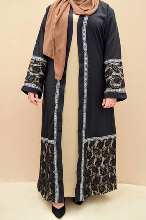 Black Lace Bordered Open Abaya - A A Y A H